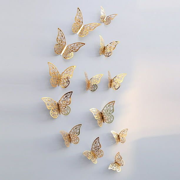 BENBO 36 Pieces 3 Sizes Butterfly Mural Decals Stickers Removable Hollowed-Out Metallic Butterfly Wall Decors for Bedroom Bathroom Home Party Decorations 3 Colors 3D Butterfly Wall Stickers 